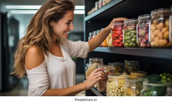 Cheerful woman shopping for groceries in bulk at a supermarket