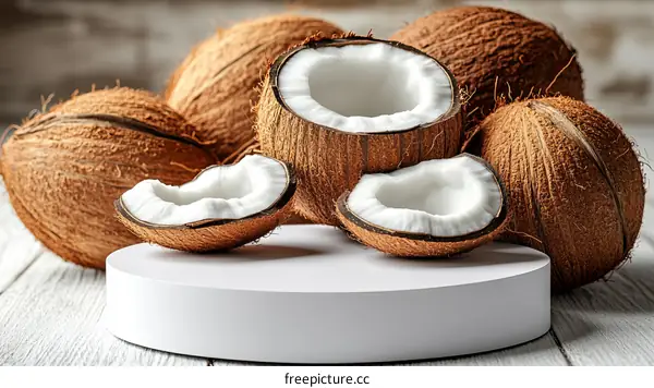 Close Up of Fresh Coconuts on a White Display