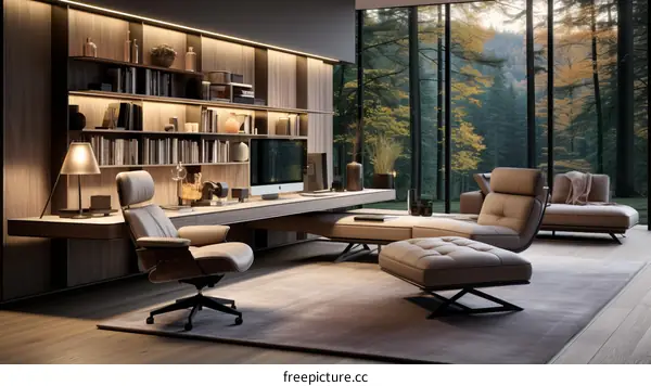 Modern home office interior design with large windows and a view of the forest