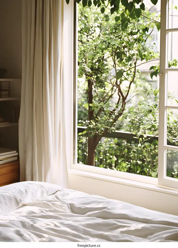 Window View Of Green Tree And White Bed Sheets