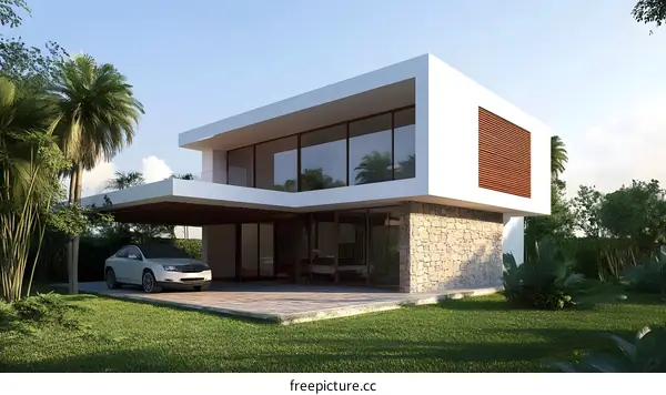 Modern House Design with Stone Wall and Palm Trees