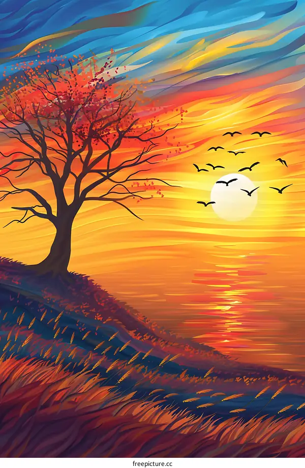 Sunset Landscape with Silhouette Tree and Birds