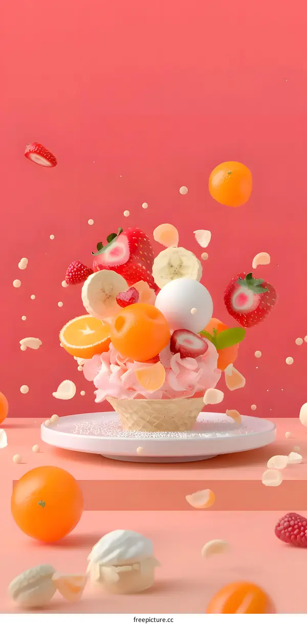 Fresh Fruit Salad In A Waffle Bowl With Whipped Cream And A Pink Background
