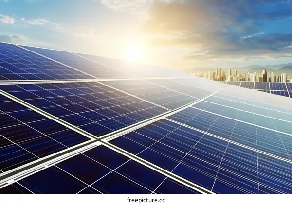 A field of solar panels with a cityscape in the background