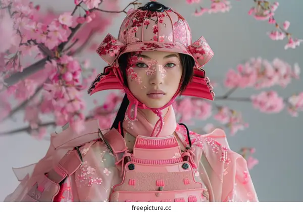 A woman wearing a pink samurai helmet and armor stands in front of a cherry blossom tree
