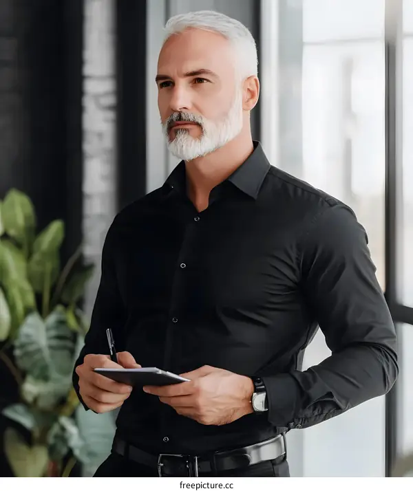 Portrait of a Man Wearing Black Shirt and Writing in a Notebook