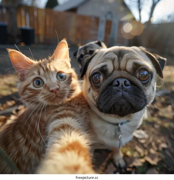 A ginger cat and a pug taking a selfie together