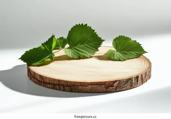 Natural Wooden Slice with Fresh Leaves