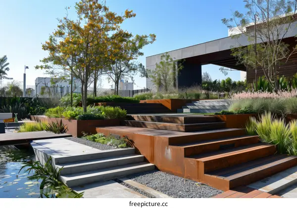 landscaping design with trees and stone steps