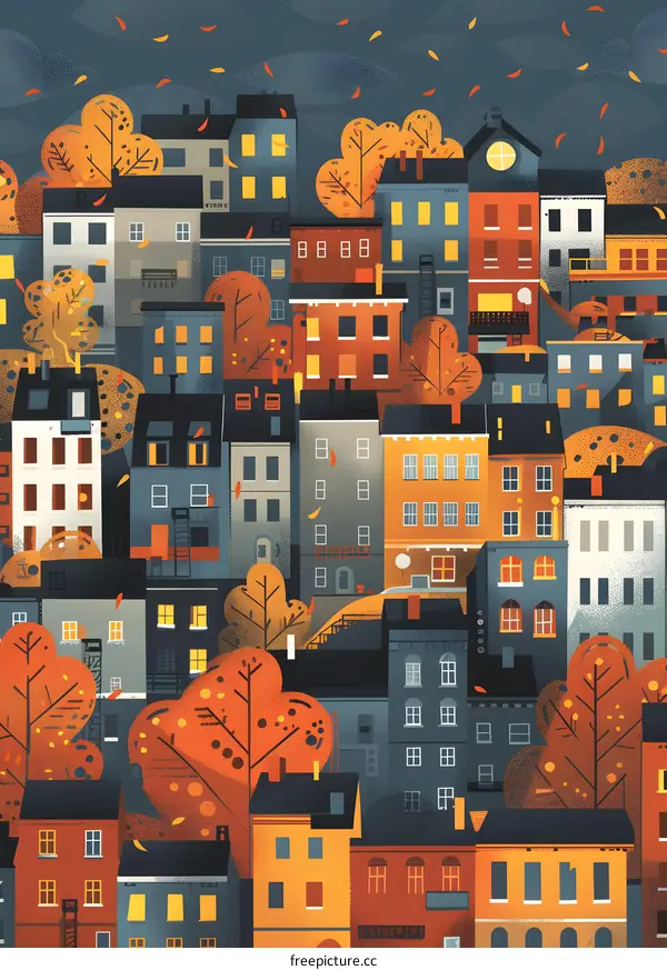 Autumn Cityscape Illustration with Colorful Buildings