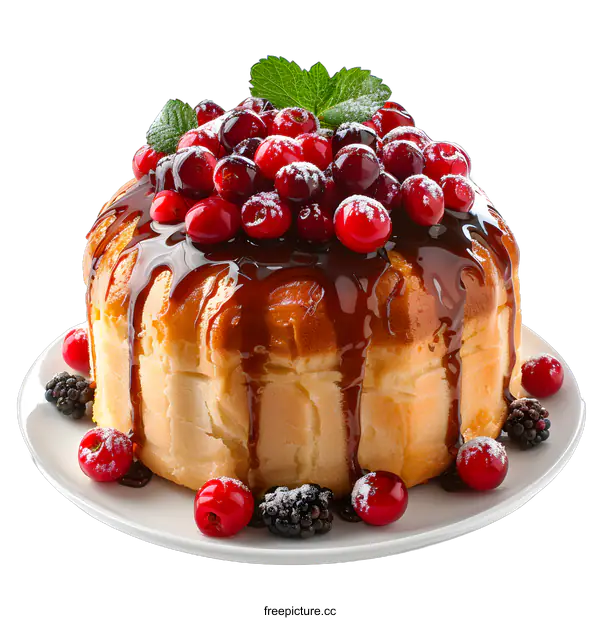 [Transparent Background PNG]A delicious cake with red and black berries on a white plate