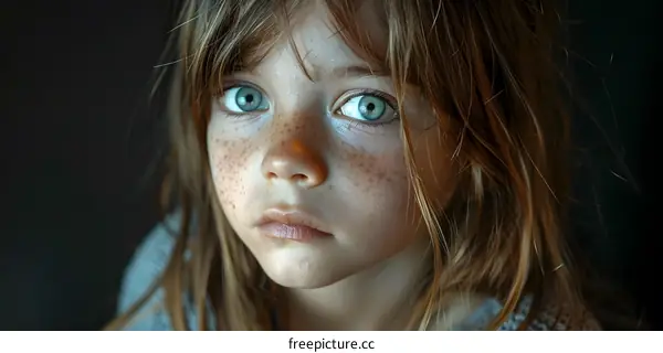 Portrait of a young girl with freckles and blue eyes