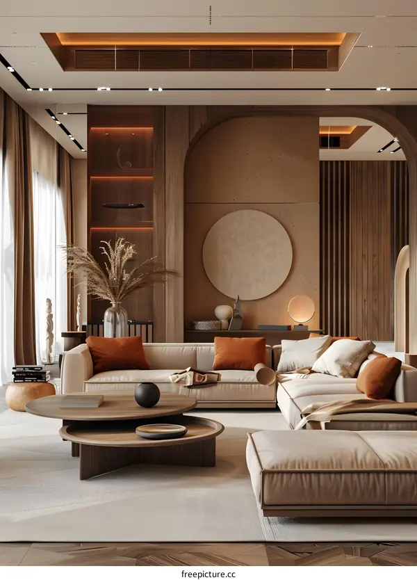 Modern living room with arched partition and wood finishes