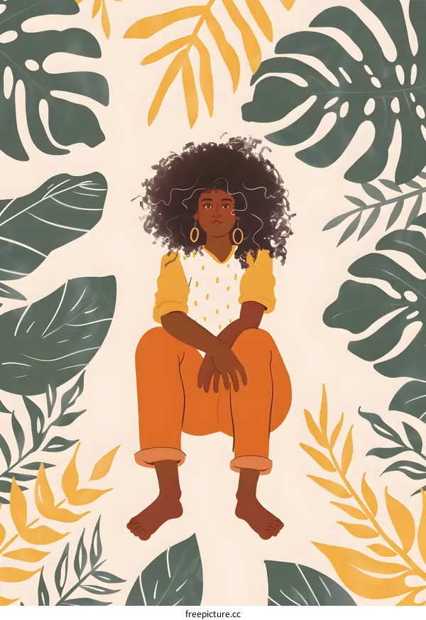 Woman Sitting In Tropical Leaves