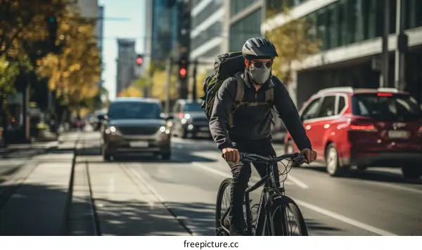 Cyclist wearing a mask rides in the city