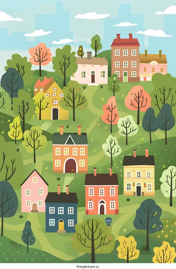 Colorful Cartoon Illustration of a Village with Houses and Trees
