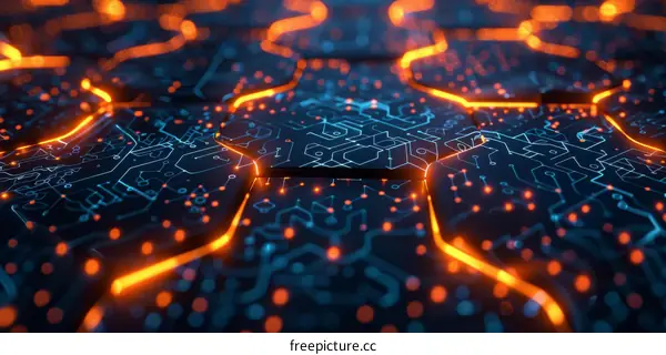 Abstract Blue and Orange Glowing Circuit Board