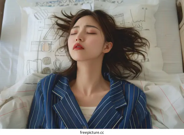 Beautiful Asian woman sleeping on a bed wearing a blue and white striped suit