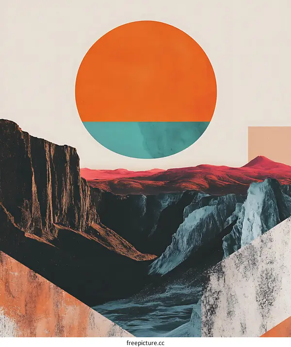 Abstract Collage Art with Mountains and Sun