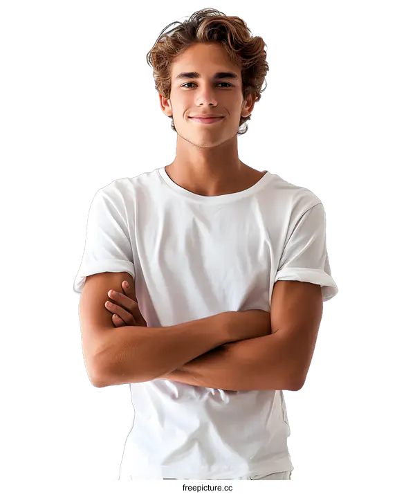 [Transparent Background PNG]Young Man in White T Shirt Posing with Arms Crossed