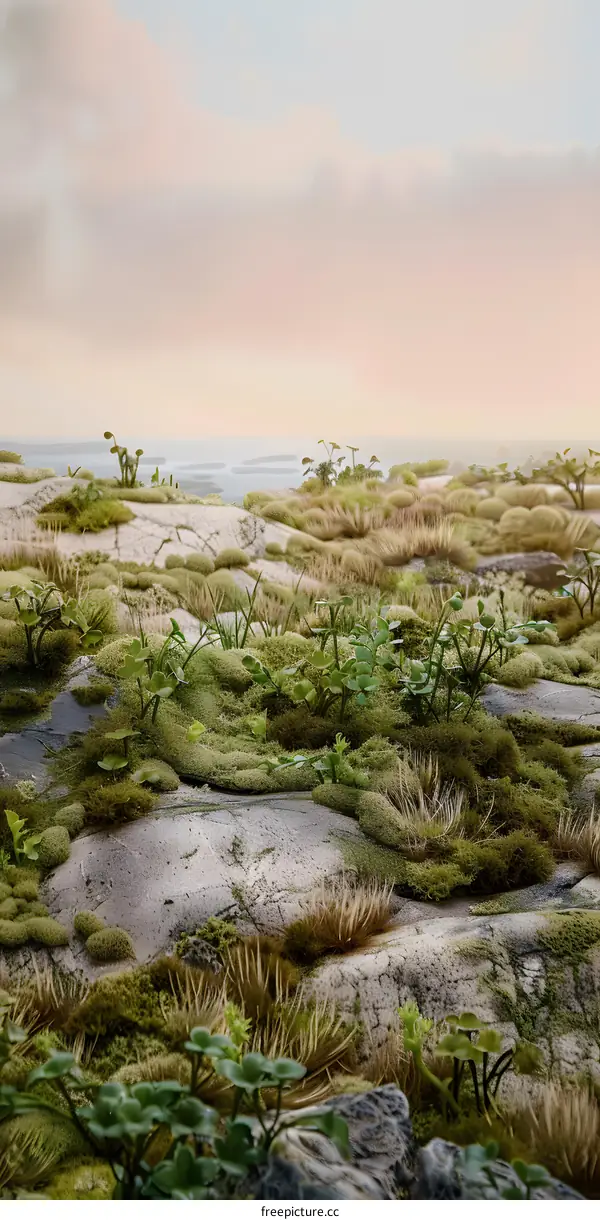 Green Mossy Ground with Cloudy Sky