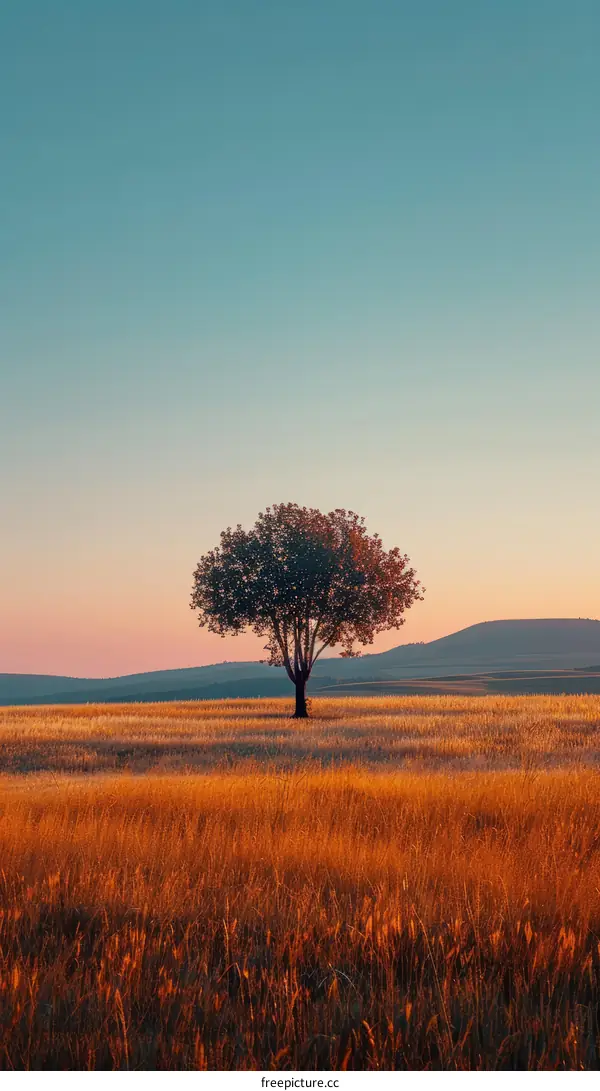 Lonely Tree in a Field of Wheat at Sunset