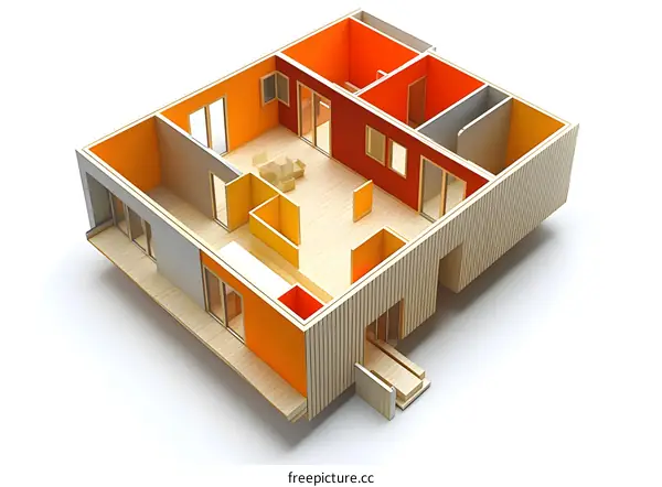 3D Model of a Wooden House with Orange Walls and Windows