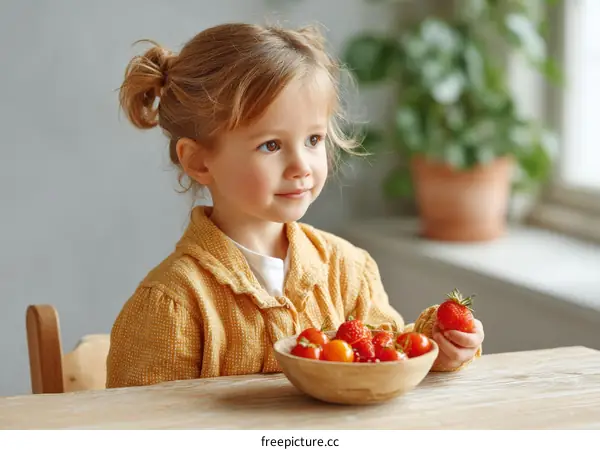 Adorable Girl Eating Strawberries and Cherry Tomatoes