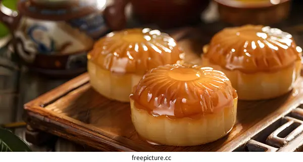 Closeup of Delicious Chinese Moon Cakes on a Wooden Tray