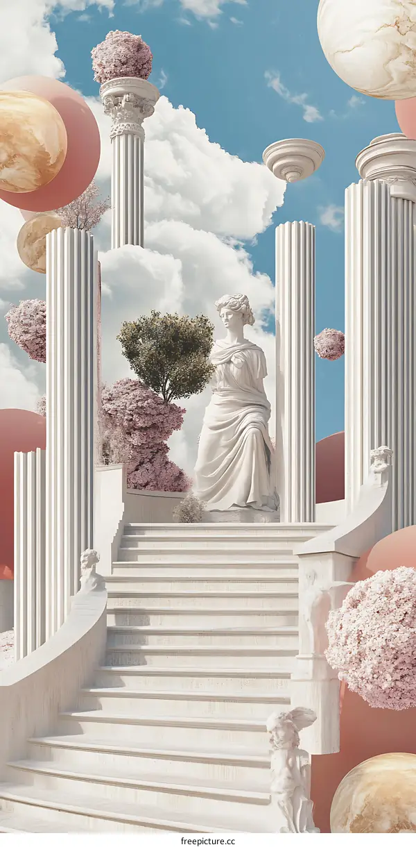 Surreal Staircase Leading to Heaven with White Columns
