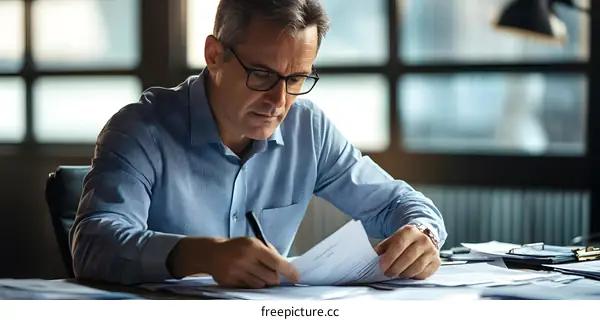Businessman Reviewing Documents in Office Setting