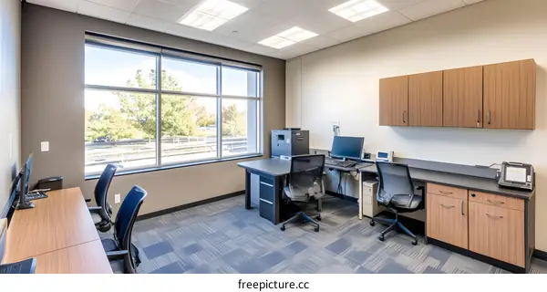 Modern Office Workspace with Two Desks and a Window View