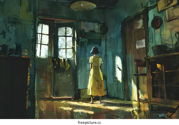 girl in yellow dress standing alone in the middle of the room