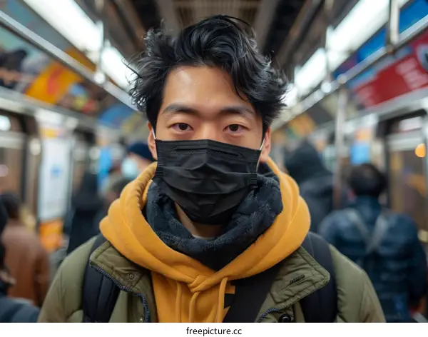 Portrait of a young Asian man wearing a mask on a subway train