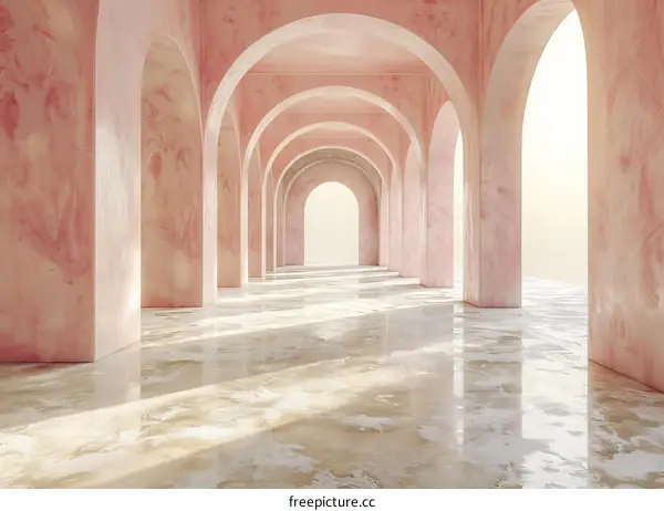Long Arched Hallway with Shiny Pink Marble Floor