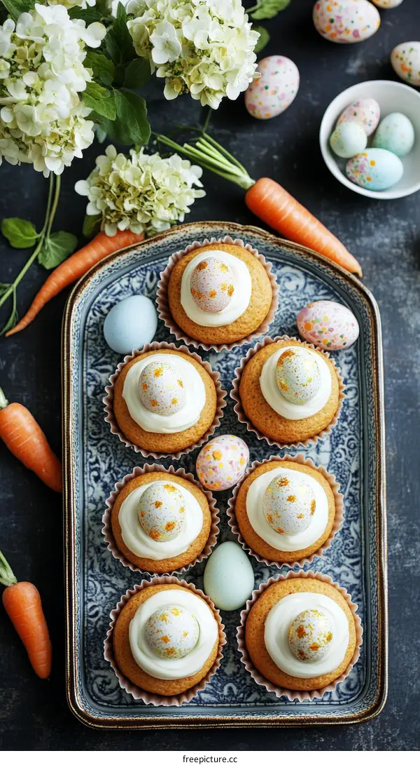 Easter Cupcakes with Decorated Eggs on a Tray