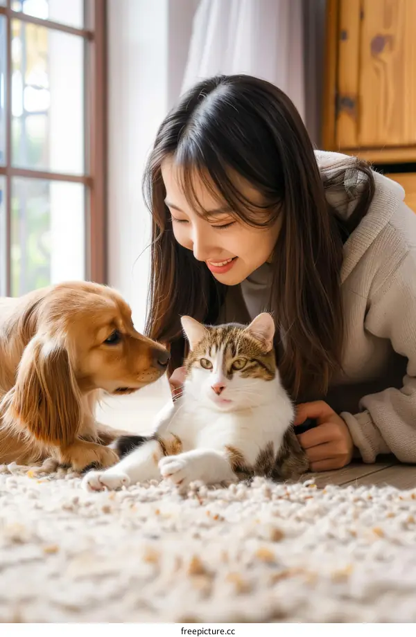 Asian Woman Enjoys Happy Time with Cat and Dog at Home