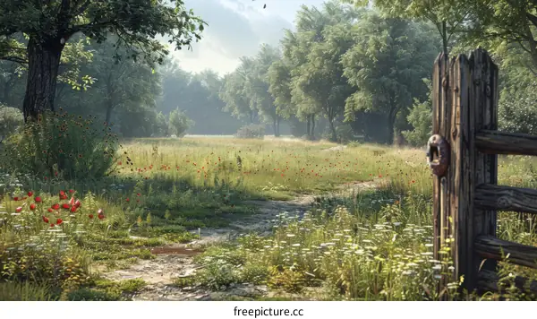 Countryside Dirt Road Through Wildflowers and Trees