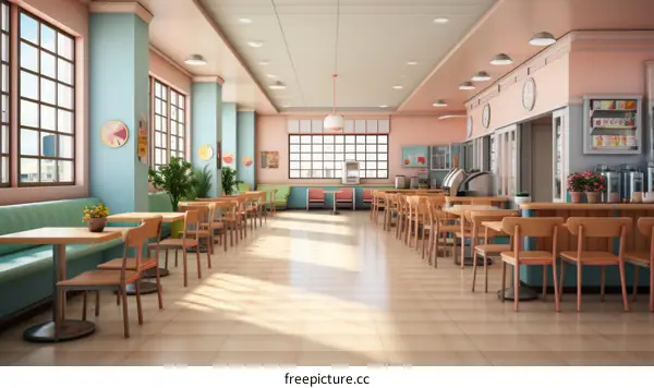 Retro pink and blue diner interior with large windows