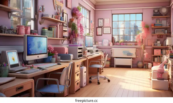 Cozy Pink and White Home Office with Plants