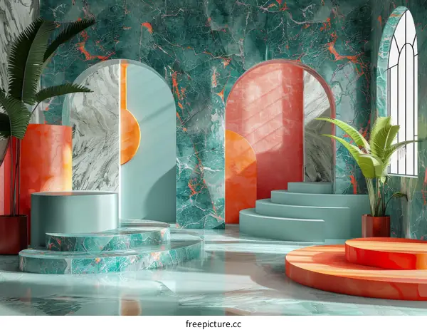 Green Marble Archway Interior with Geometric Shapes