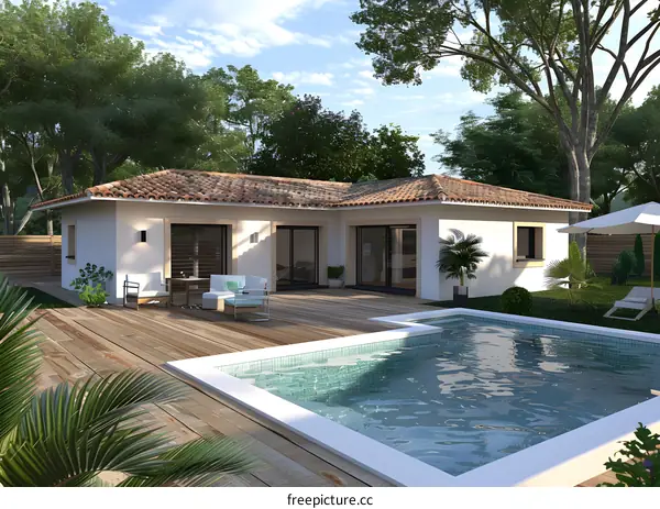 Modern White House with Swimming Pool and Patio