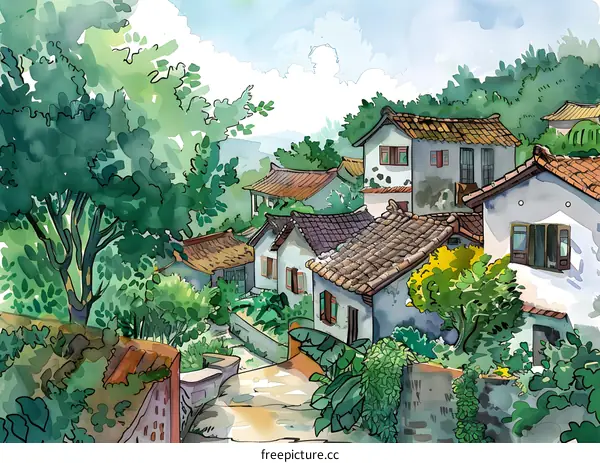 Watercolor Painting of Traditional Chinese Village