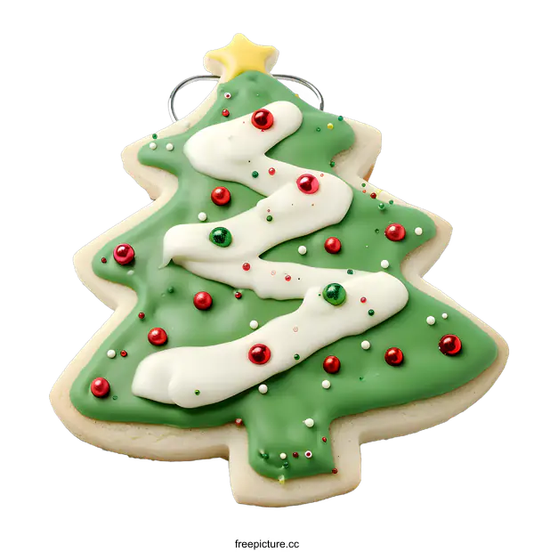 [Transparent Background PNG]Christmas Tree Cookie Decorated with White and Green Icing