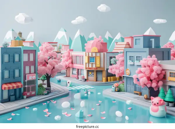 A pink and blue city with a river running through it