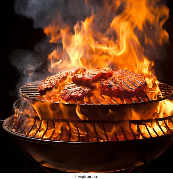 A Flaming Barbecue Grill with Four Beef Patties