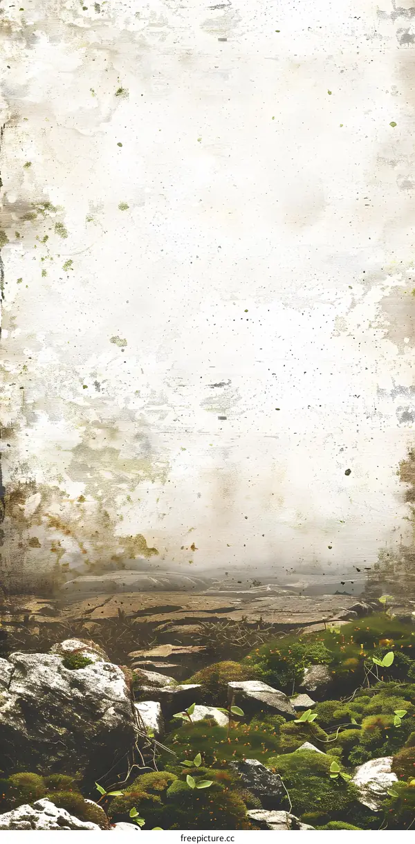 Vintage Background with Mossy Rocks and a Misty Landscape