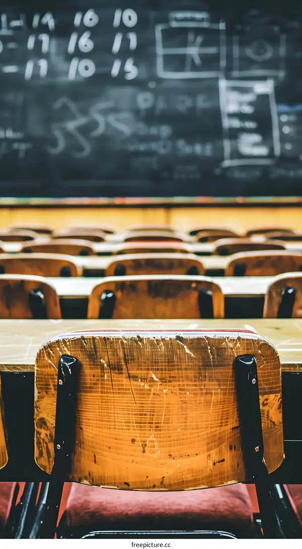 Empty Classroom with Wooden Chairs and Black Board