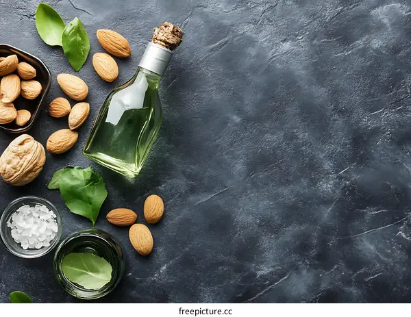 Almond Oil and Nuts on a Dark Background