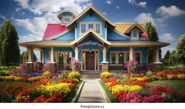 Colorful suburban house with flowers in front yard